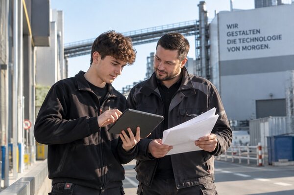 Ein Lehrling zum Bürokaufmann befindet sich auf dem Werksgelände einer Firma, hält ein Tablet in der Hand und spricht mit einem Arbeitskollegen 